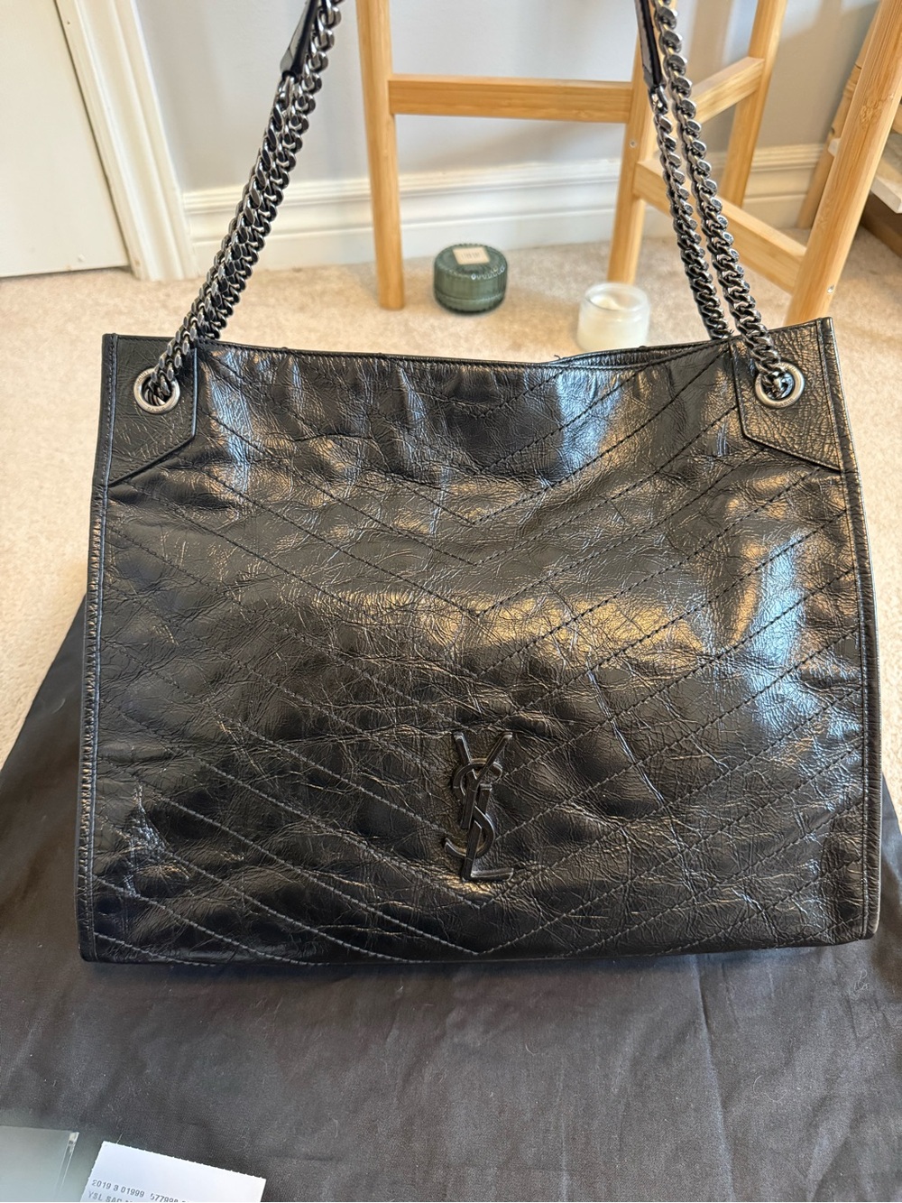 Saint Laurent YSL Black Niki SAC MNG Shoulder Large Tote with Chain Straps